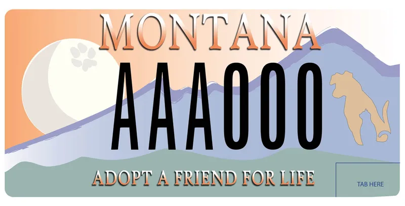 A license plate with black an peach text. A illustrated mountain range with a full moon on left side. A silhouette of a dog and cat on right side. Bottom says Adopt a Friend for Life.