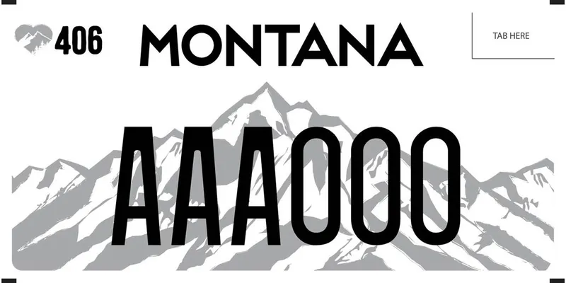 A white license plate with black text. Grayscale mountain peak across plate. A heart and 406 in upper right corner.