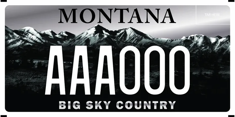 A black and grayscale license plate with white text showing snow covered mountain range. Bottom says Big Sky Country.