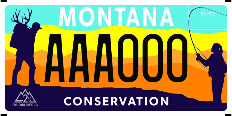 A license plate with white and black text with silhouettes of a person with antlers in a backpack on left and a fly fishing rod on right. Background colors are teal, yellow, orange. Bottom says Conservation and has a 2 percent for conservation logo in left bottom corner.