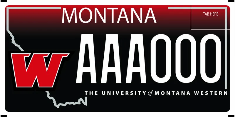 A black license plate with white text. Top has a border of red to black gradient. A red W is on left. Bottom say The University of Montana Western.