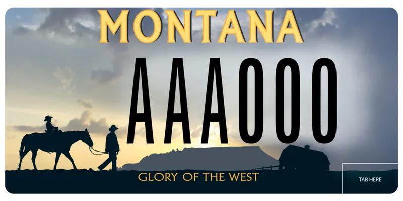 A license plate with a silhouette illustration of a stormy sky and a child on horseback being led by an adult headed towards a barn. Bottom says Glory of the West.