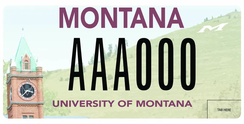 A license plate with photography of UM campus showing a clock tower and the M hill. Text is black and maroon. Bottom says University of Montana.