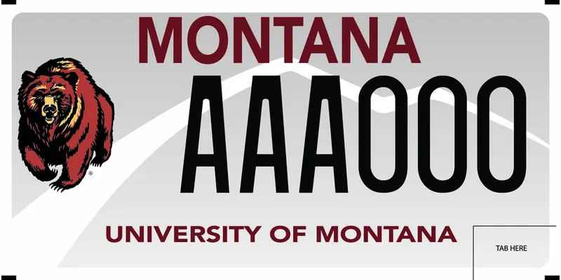 A gray license plate with maroon and black text. On left is an illustrated grizzly bear. Bottom says University of Montana.