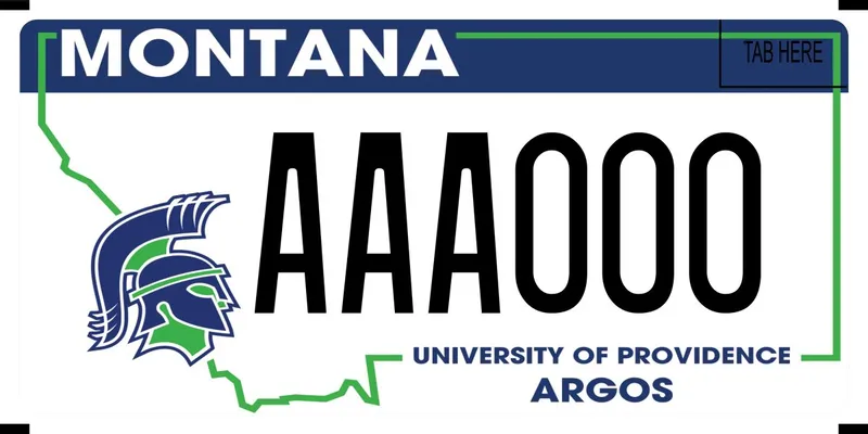 A white license plate with black, white, and blue text. A green outline of the state; a green and blue spartan helmet on left side. Bottom text says University of Providence Argos.