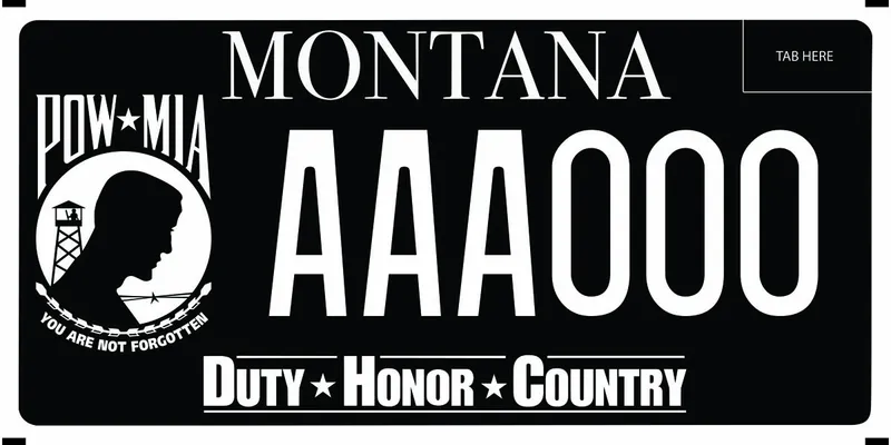 A black license plate with white text. POW MIA, You Are Not Forgotten logo on left. Text at bottom of plate says Duty, Honor, Country.