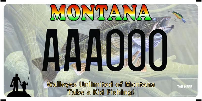A license plate with black, yellow, orange, and green text. A walleye with mouth open and fishing lure cover whole plate. A small silhouette of a person holding a child's hand in bottom left. Bottom says Walleyes Unlimited of Montana, Take a Kid Fishing.