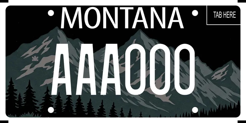 A black license plate with white text. An illustration of a mountain range and pine trees in gray and forest green along bottom.