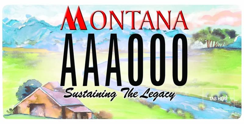 A license plate with black and red text. A watercolor of a country side scene with mountains in the the distance, barn, and stream. Text at bottom of plate says Sustaining the Legacy.
