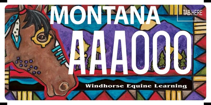 A license plate with white text and a multi-colored background of a sketch of mountains, trees, and sun. A horse head is on the left side with face paint. Bottom says Windhorse Equine Learning.