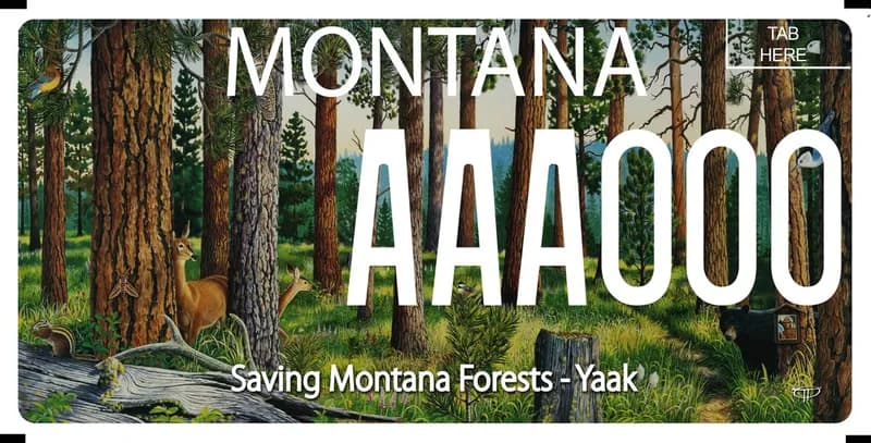 A license plate with white text and an illustration of a dense pine forest with a chipmunk, deer, bear, and moth. Text at bottom of plate says Saving Montana Forests Yaak.