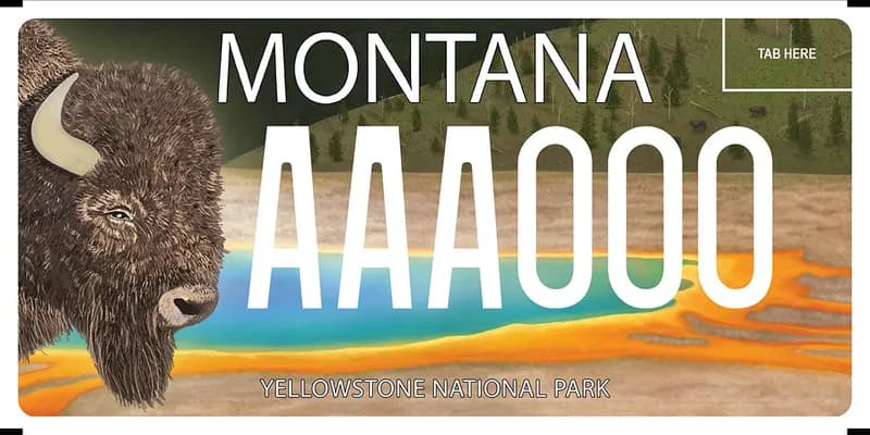 A license plate with white text. An illustration of the Grand Prismatic Spring with a buffalo on the left. Text at bottom says Yellowstone National Park.