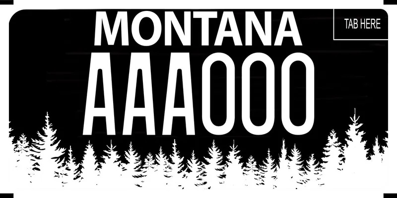 A black license plate with white text and white pine tree silhouettes along the bottom.